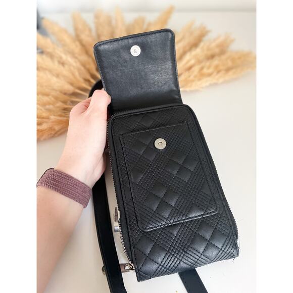 French Connection Black Quilted Crossbody Bag Faux Leather Wallet Phone Holder - Picture 6 of 10